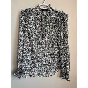 Mango MNG Sheer Metallic Floral Tie Neck Smocked Blouse Womens 4 Whimsigoth Y2K
